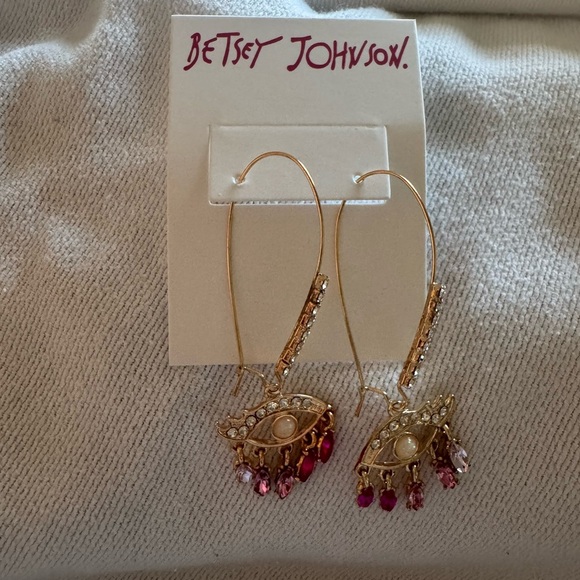 Betsey Johnson Gold Eye Earrings with Pink and Red Accents - Picture 1 of 3